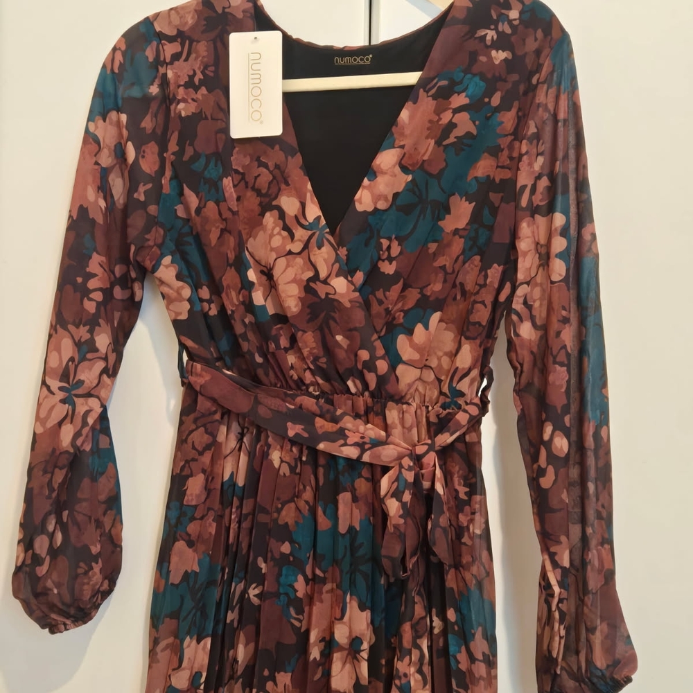 Brown and Orange Wrap Sundress with Bishop Sleeves